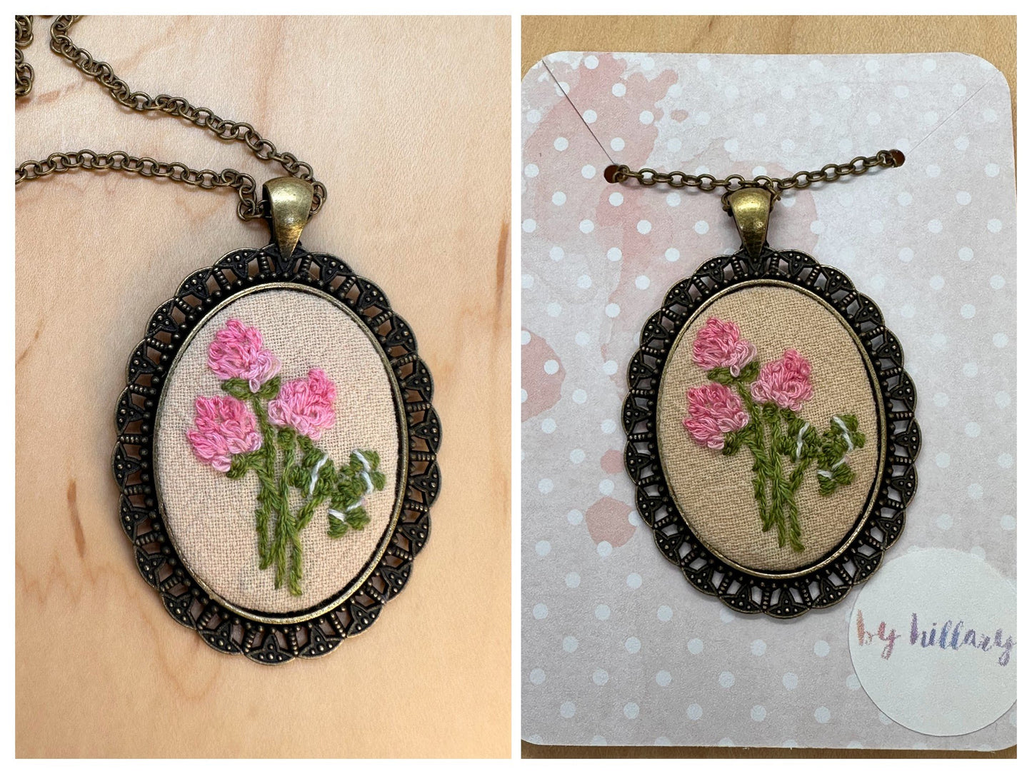 Hand embroidered pink flowers