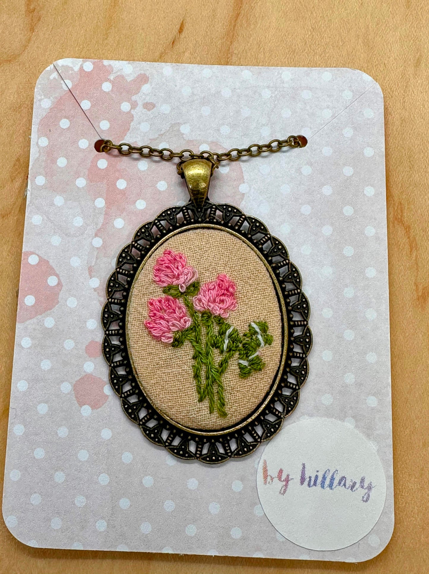 Hand embroidered pink flowers