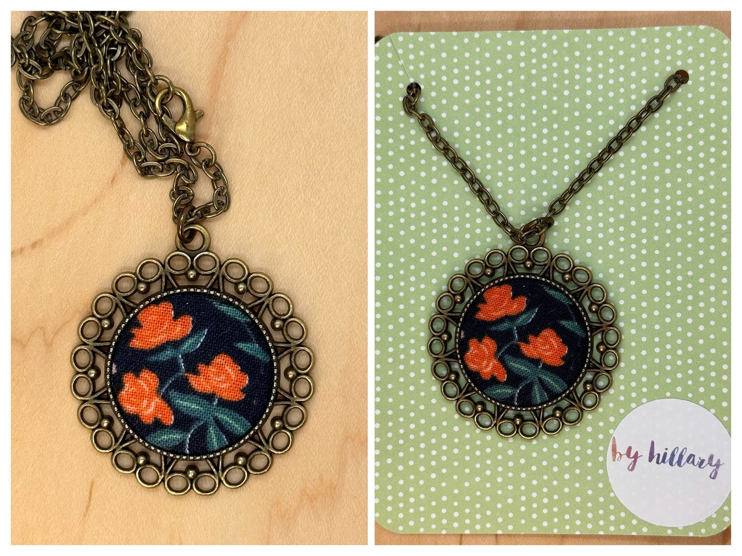Red roses Rifle paper co print fabric pendant necklace