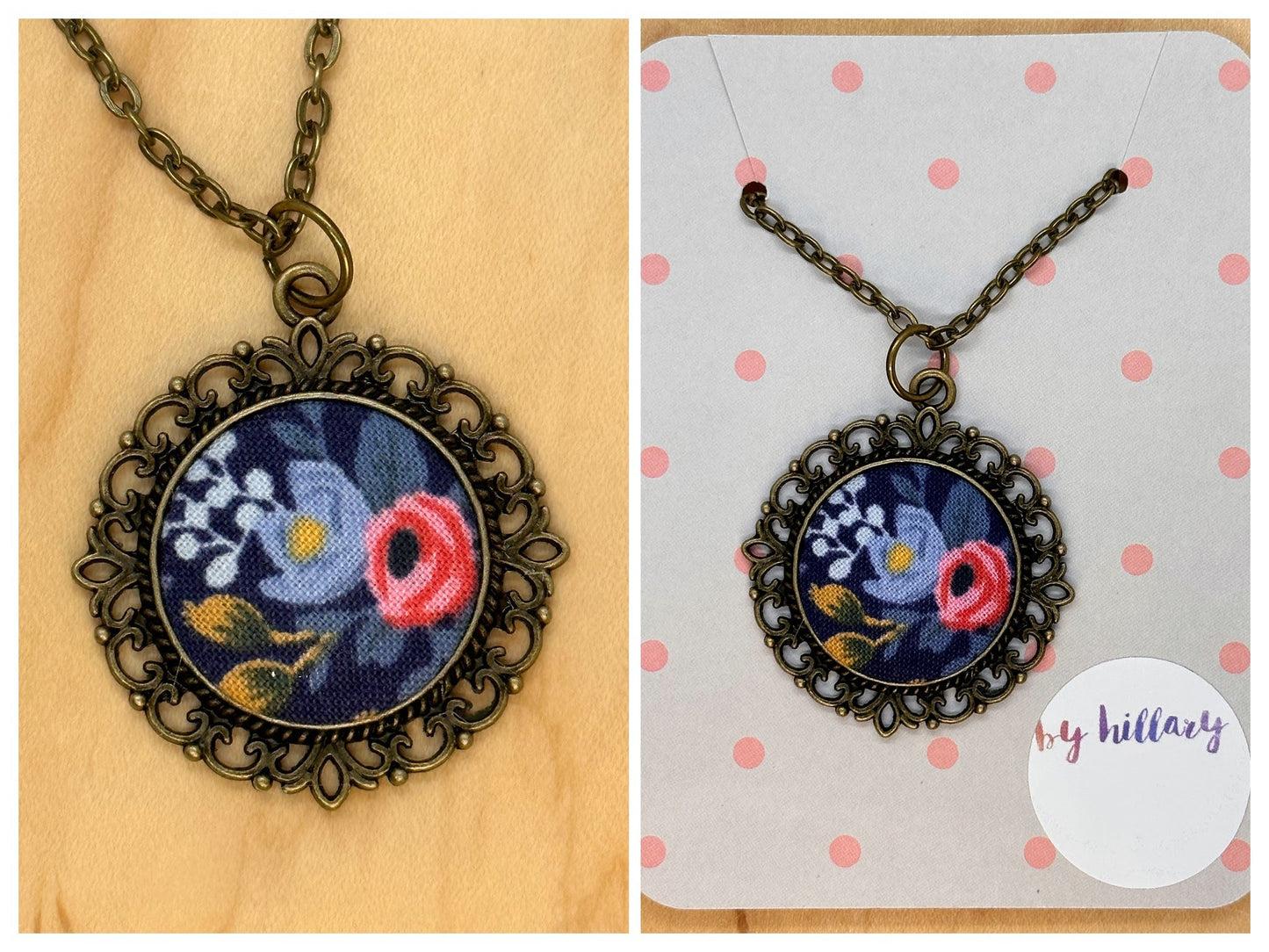 Blue and pink Rifle Paper co flower fabric necklace