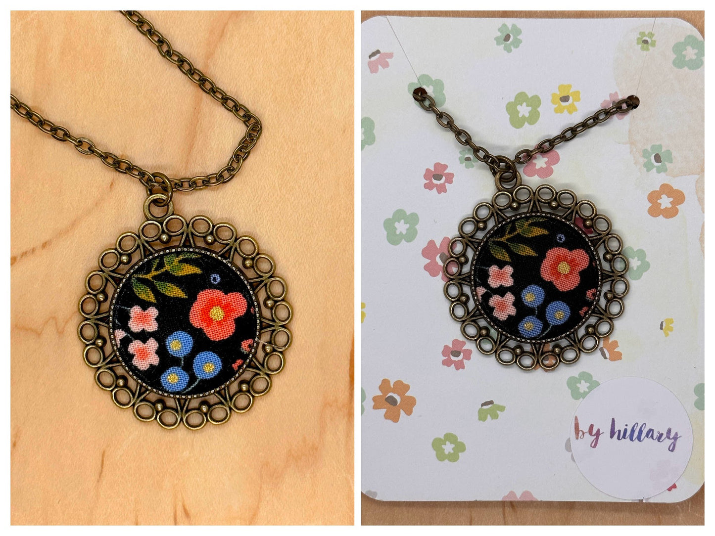 Small flowers on black Rifle Paper co flower fabric necklace