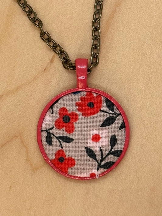 Vintage look tan with red flowers print Rifle Paper co flower fabric necklace