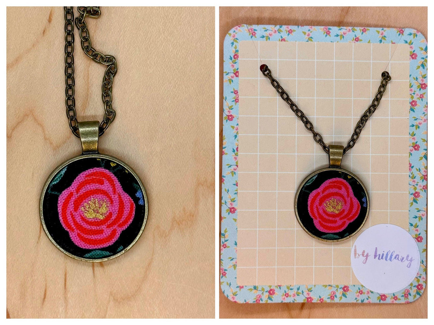 Pink and red on black Rifle Paper co flower fabric necklace