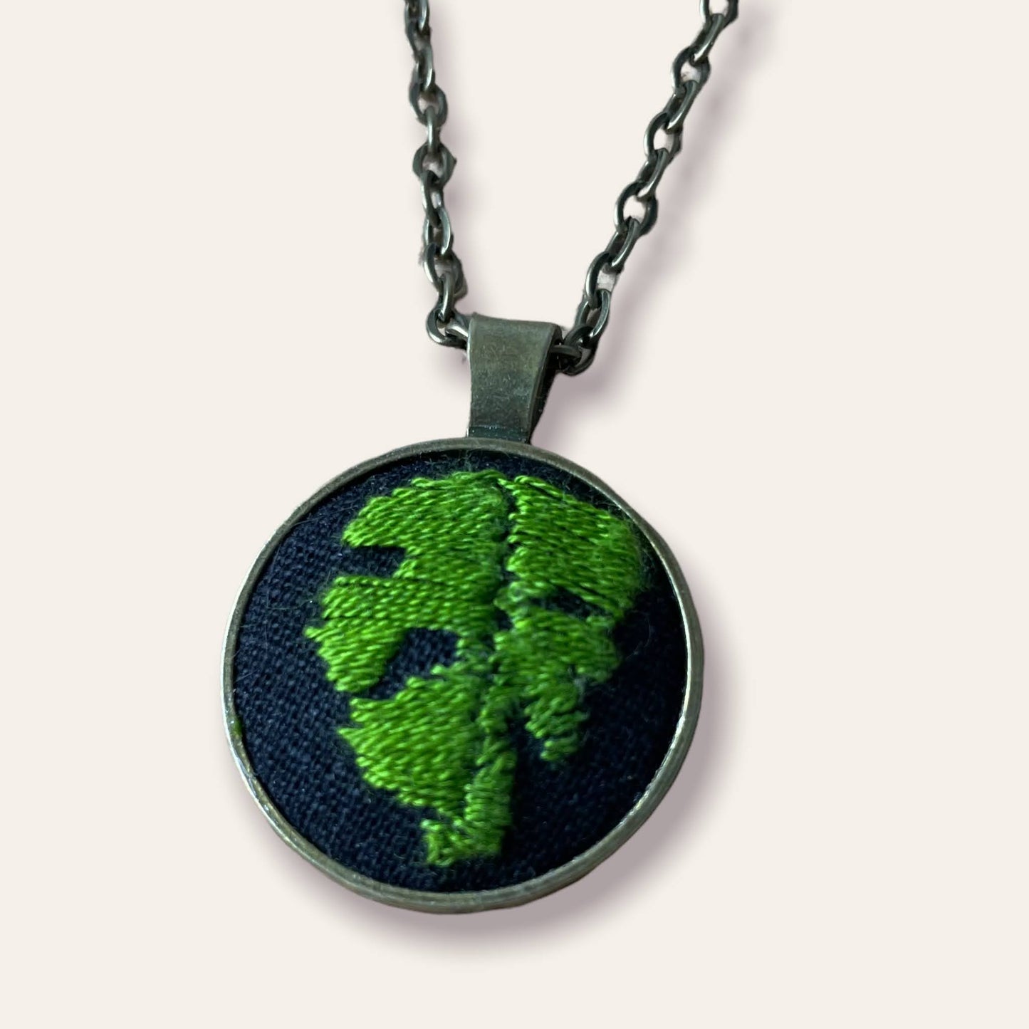 Hand embroidered Green plant leaf necklace