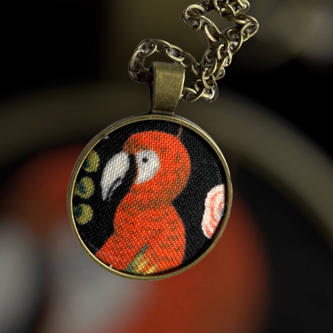 Parrot from Rifle Paper co fabric necklace